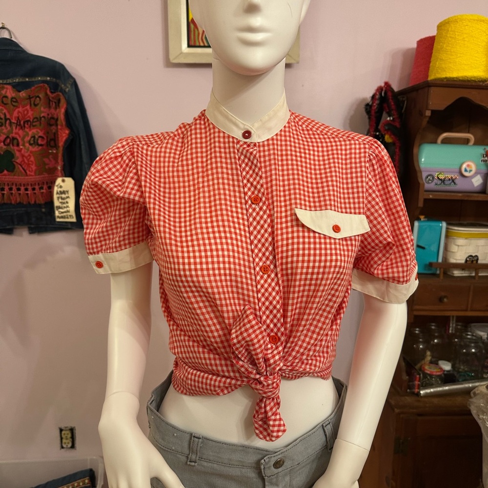 Vintage Red Gingham Puff Sleeve Blouse (M)